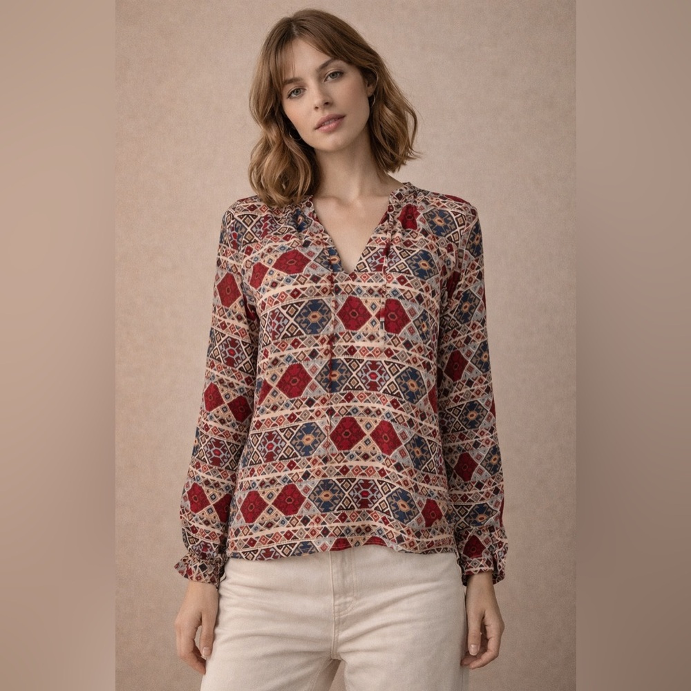Tucker 100% silk Geometric print blouse XS boho long sleeve USA made - Picture 2 of 13